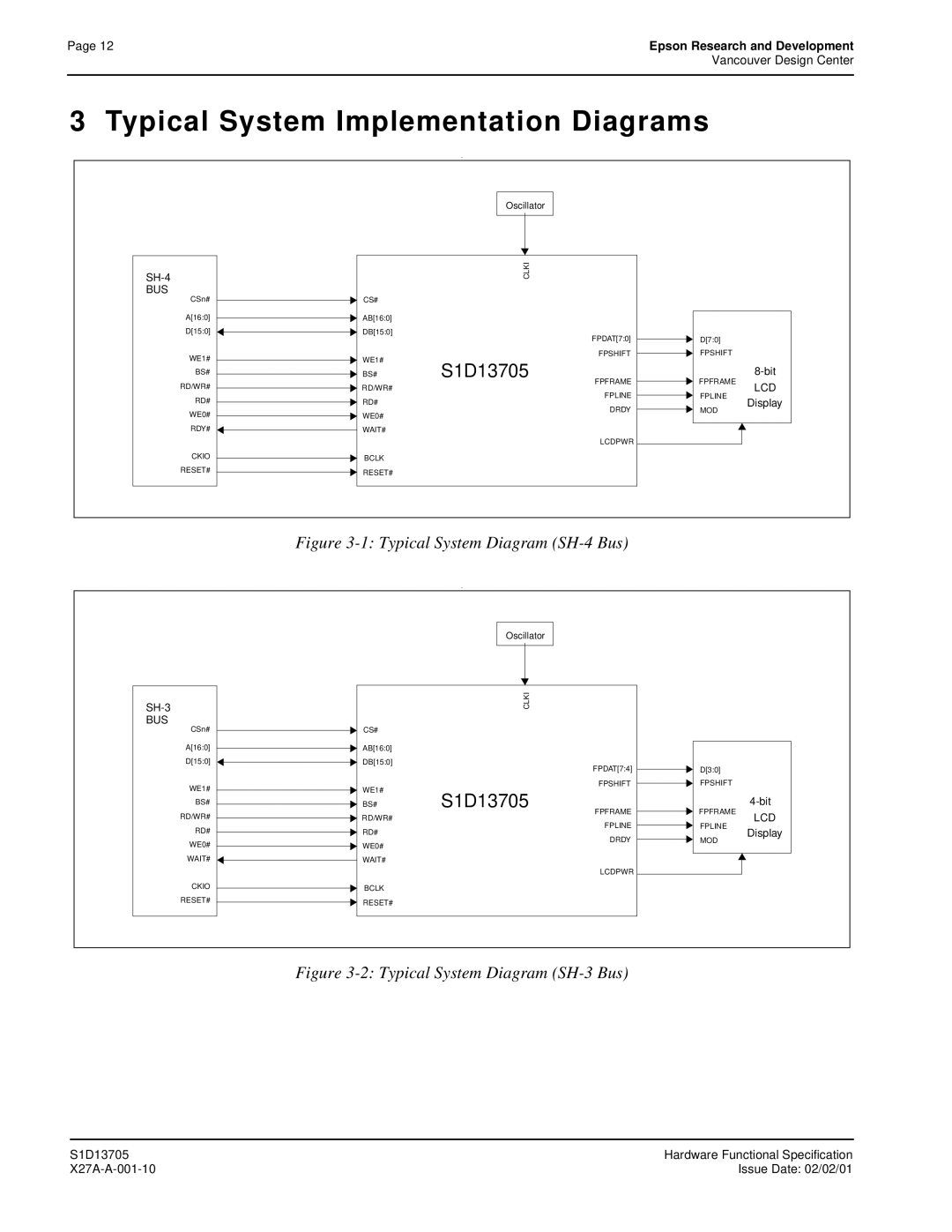 Epson S1D13705 technical manual Typical System Implementation Diagrams, Typical System Diagram SH-4 Bus 