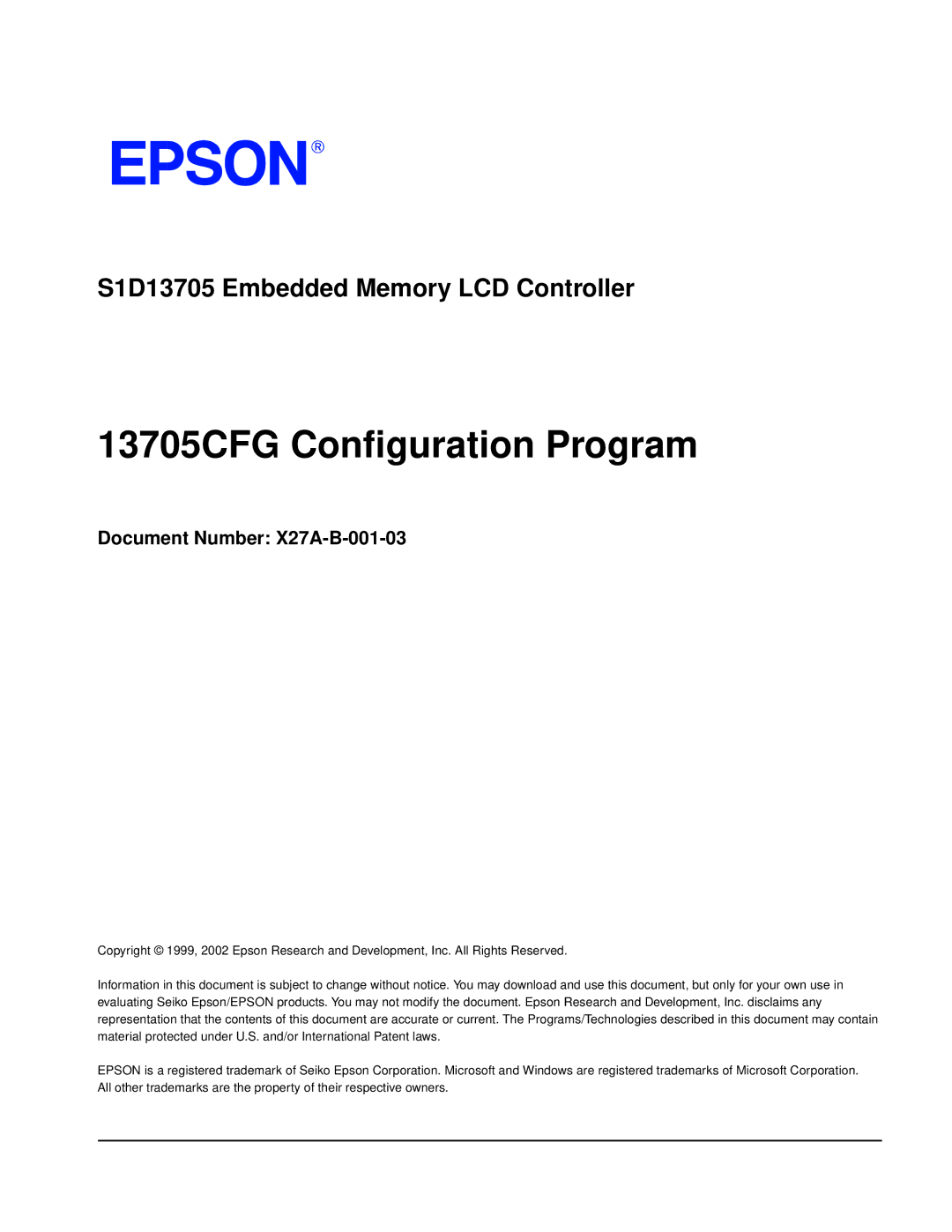 Epson S1D13705 technical manual 13705CFG Configuration Program, Document Number X27A-B-001-03 