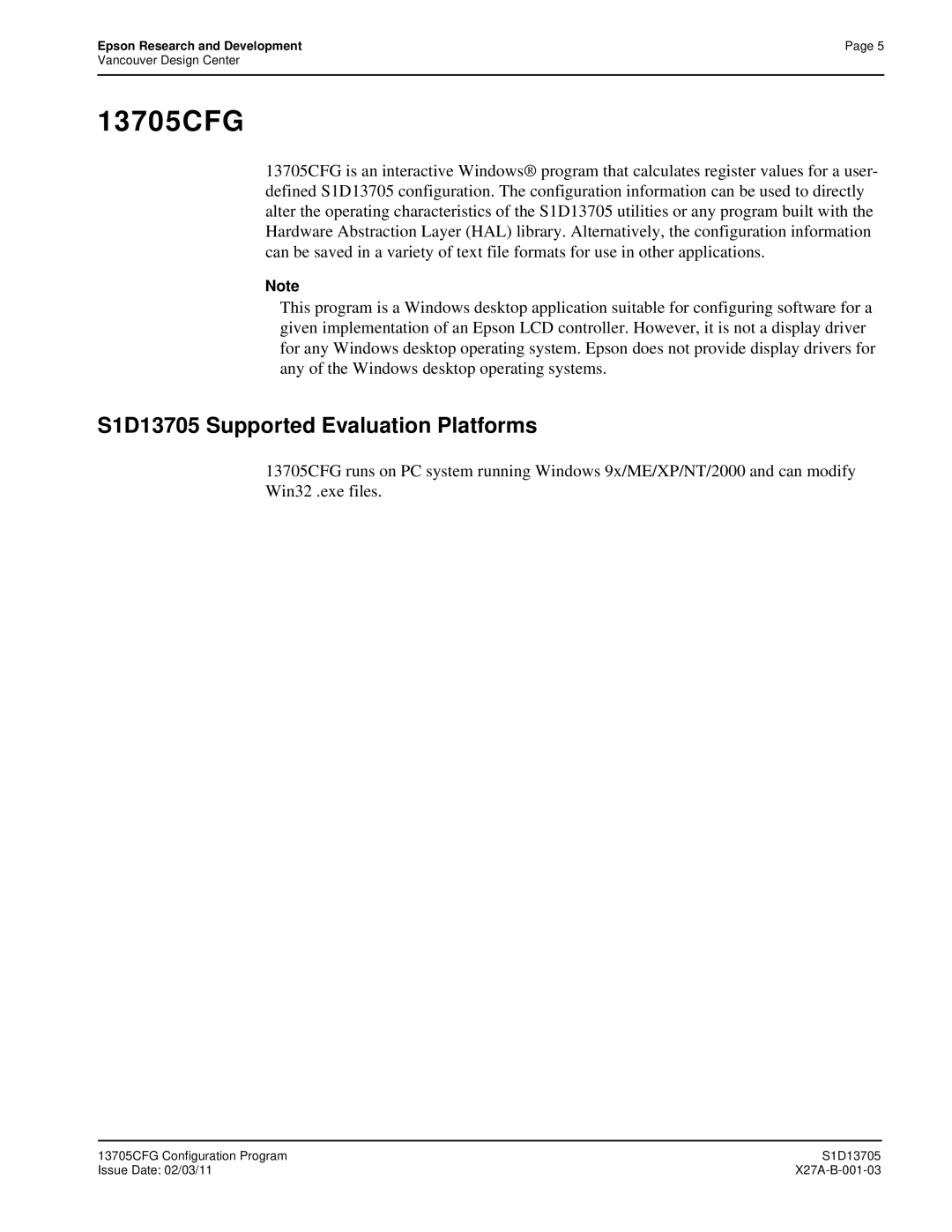 Epson technical manual 13705CFG, S1D13705 Supported Evaluation Platforms 