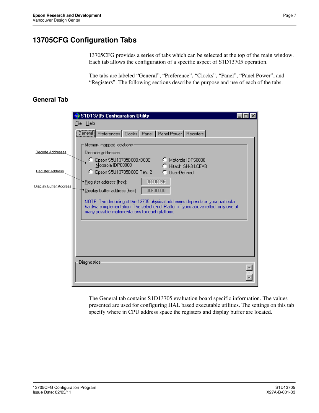 Epson S1D13705 technical manual 13705CFG Configuration Tabs, General Tab 