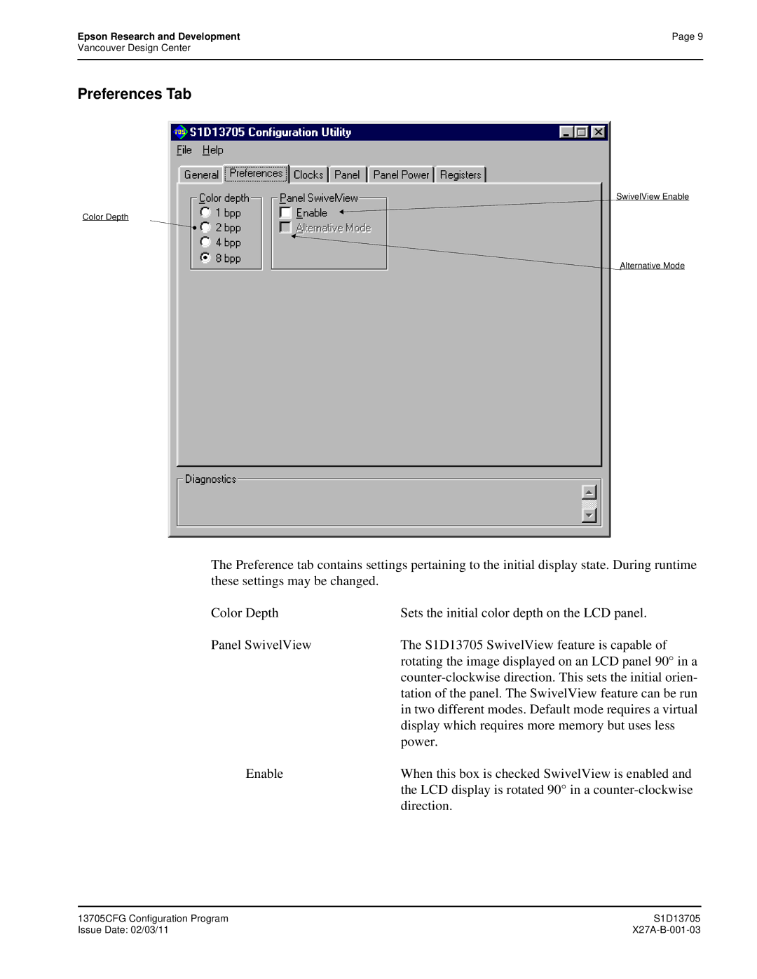 Epson S1D13705 technical manual Preferences Tab, Display which requires more memory but uses less, Power 