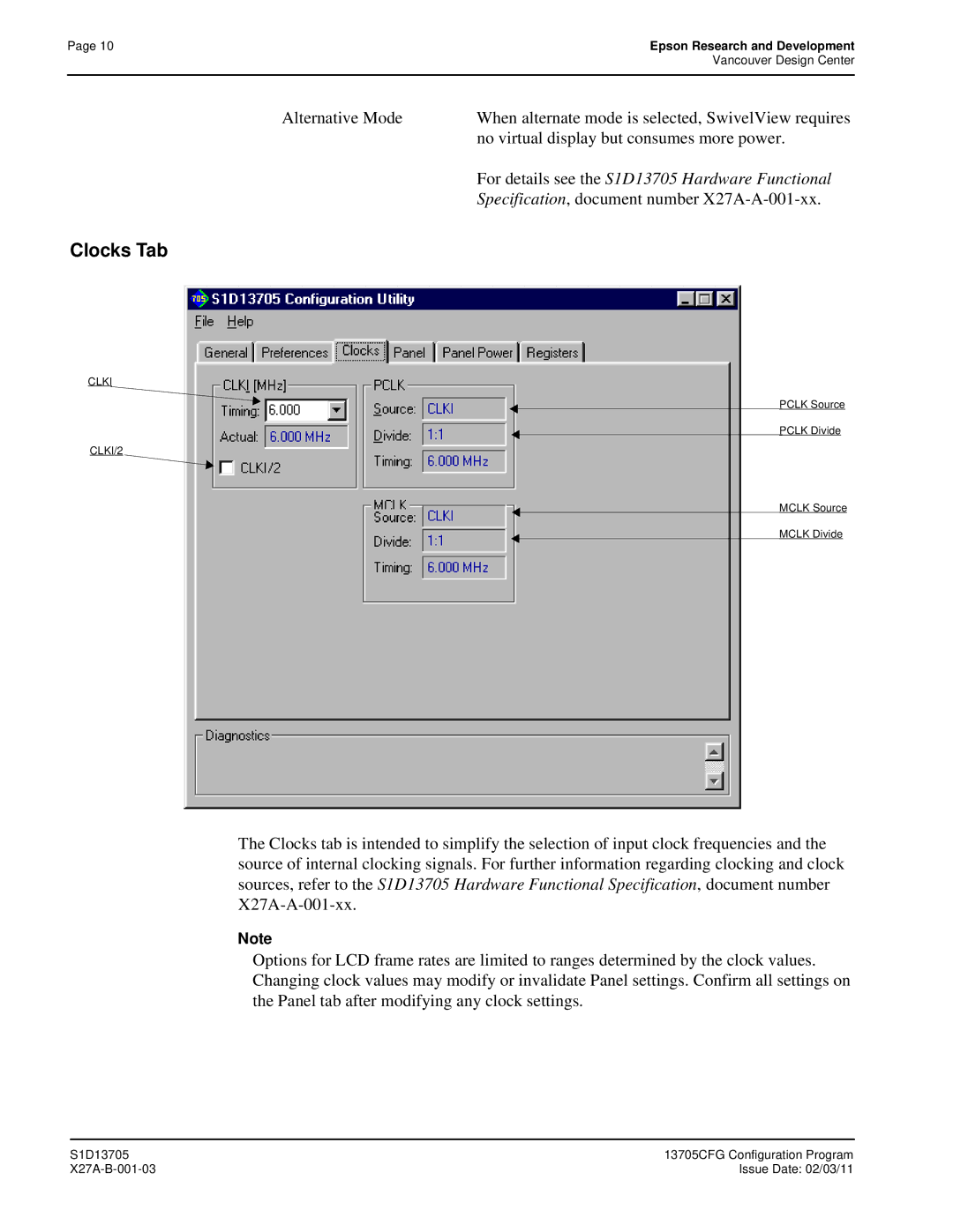 Epson Clocks Tab, For details see the S1D13705 Hardware Functional, Specification, document number X27A-A-001-xx 