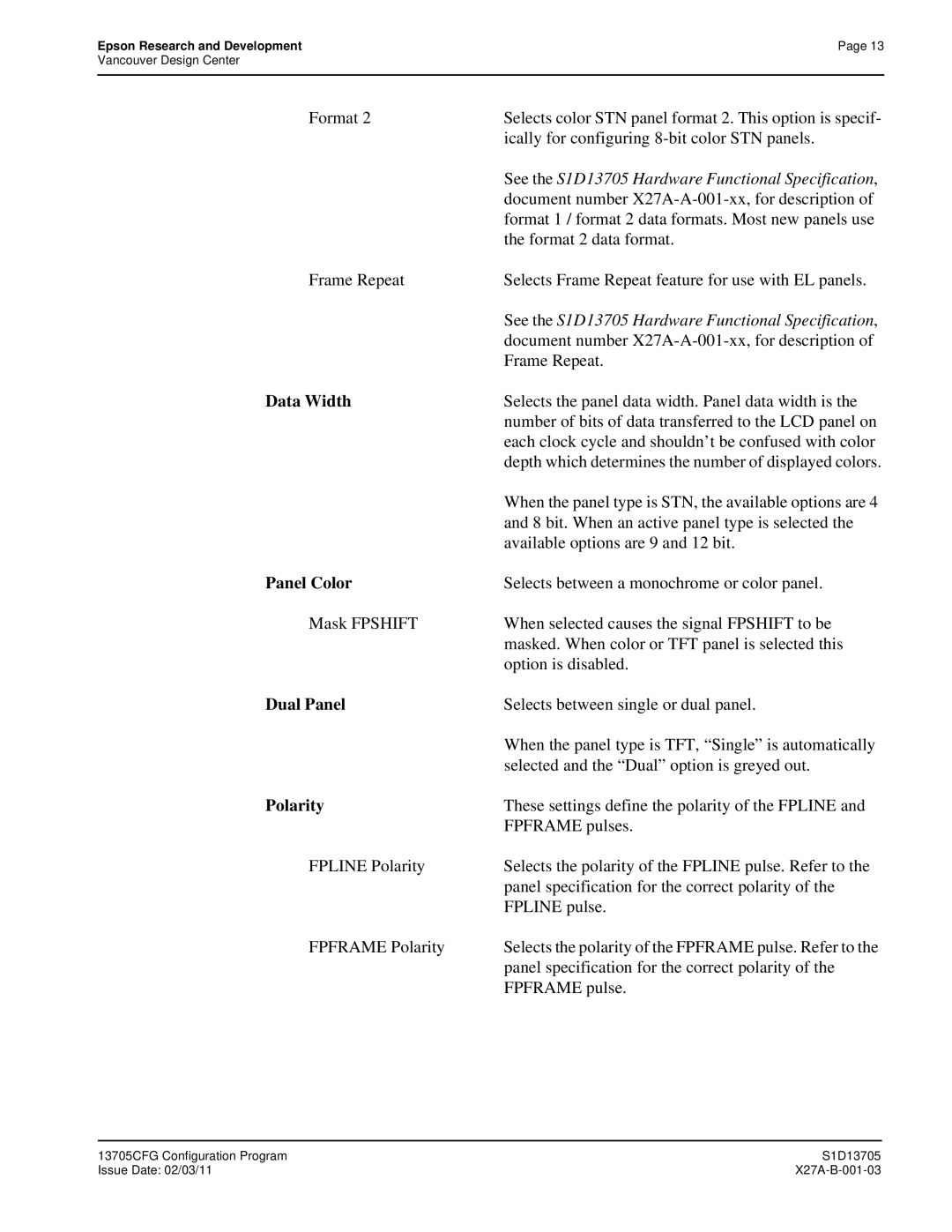 Epson S1D13705 Format, Ically for configuring 8-bit color STN panels, Document number X27A-A-001-xx, for description 