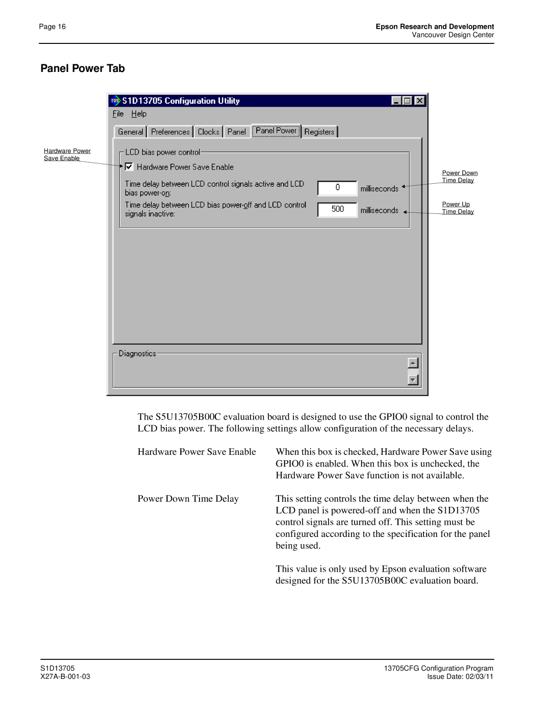 Epson S1D13705 technical manual Panel Power Tab, GPIO0 is enabled. When this box is unchecked 