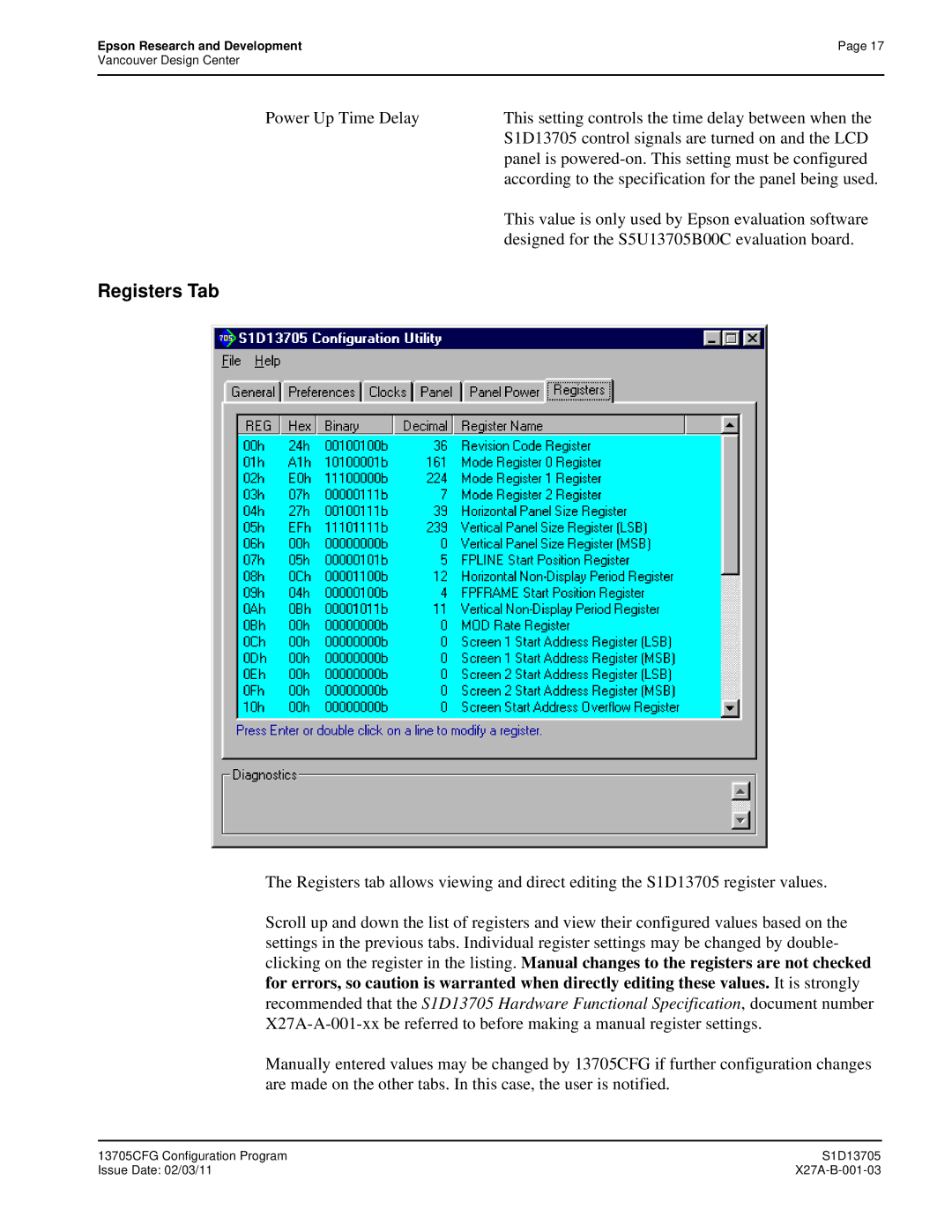 Epson S1D13705 technical manual Registers Tab 