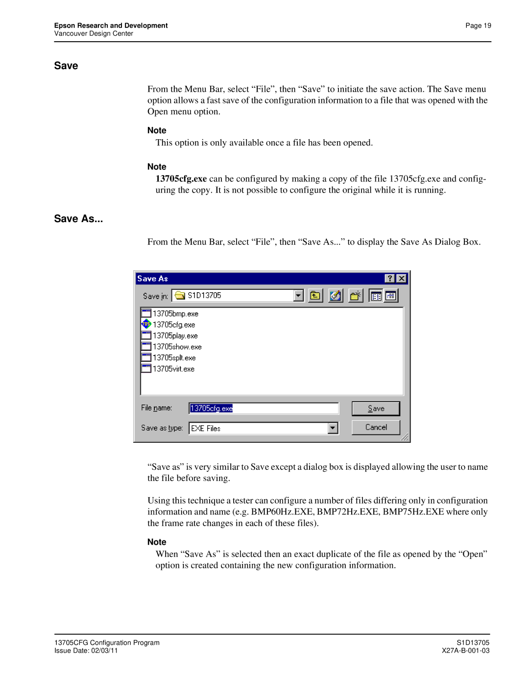 Epson S1D13705 technical manual Save As 