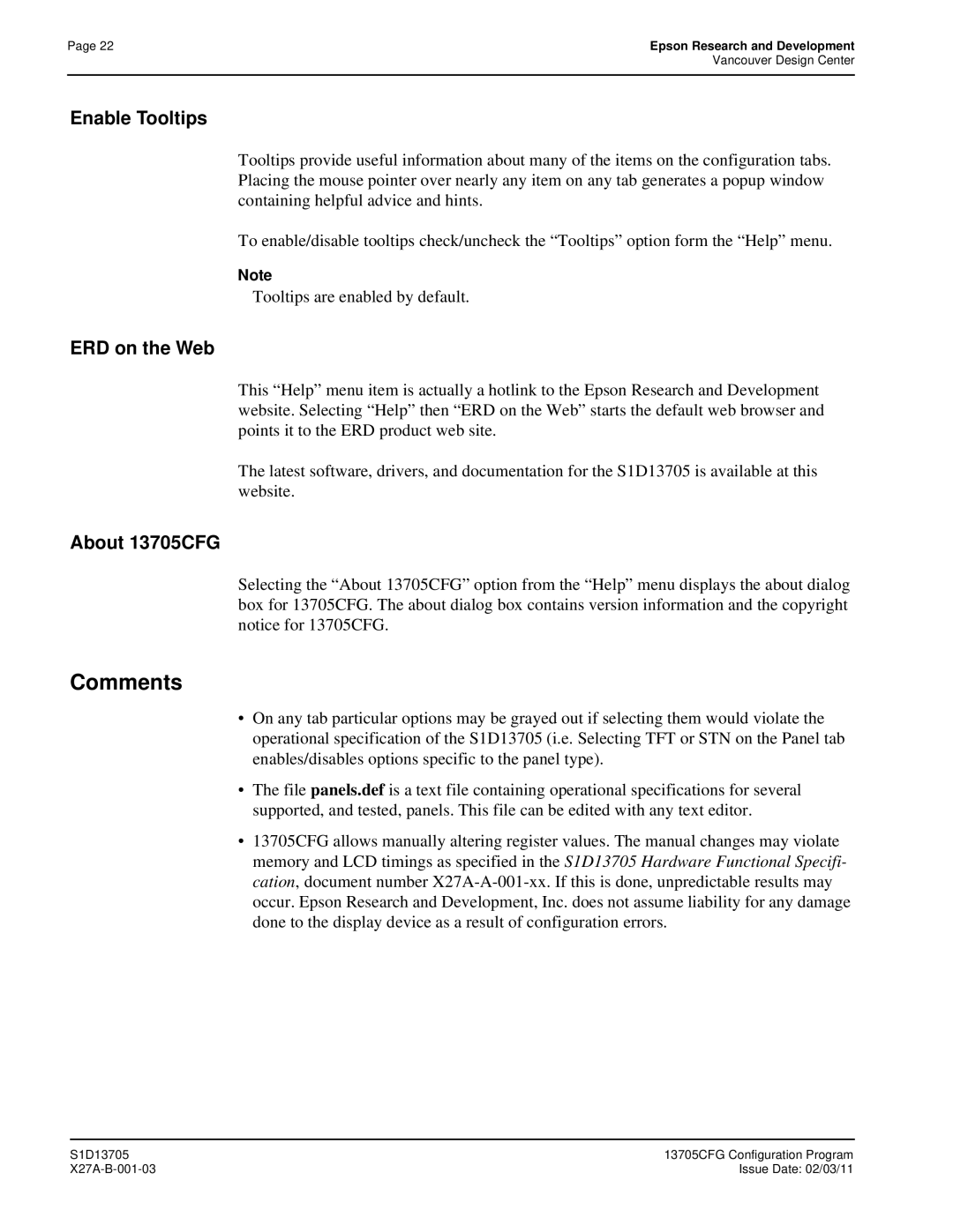 Epson S1D13705 technical manual Comments, Enable Tooltips, ERD on the Web, About 13705CFG 