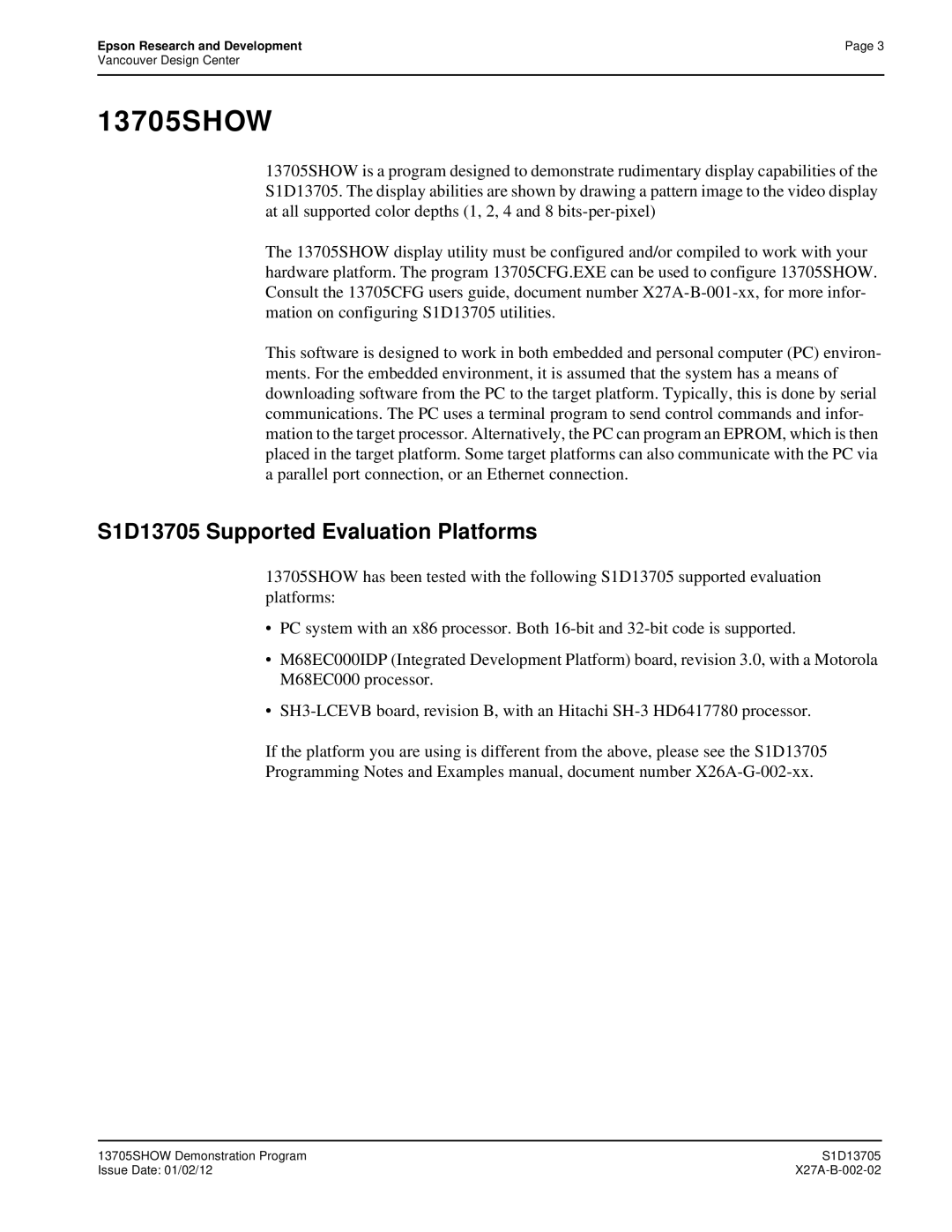 Epson technical manual 13705SHOW, S1D13705 Supported Evaluation Platforms 