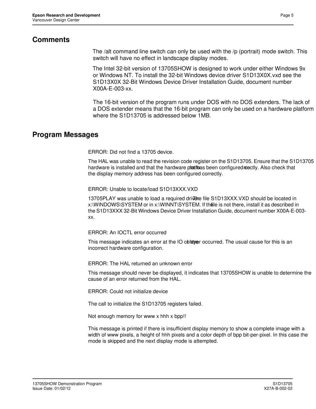 Epson S1D13705 technical manual Program Messages, Error Did not find a 13705 device 