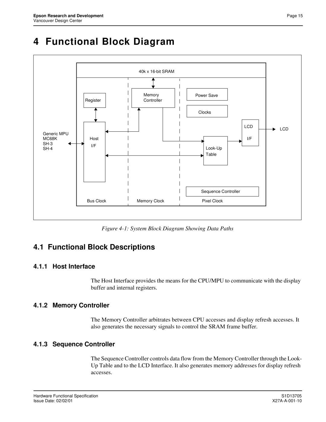 Epson S1D13705 technical manual Functional Block Diagram, Functional Block Descriptions, Host Interface, Memory Controller 