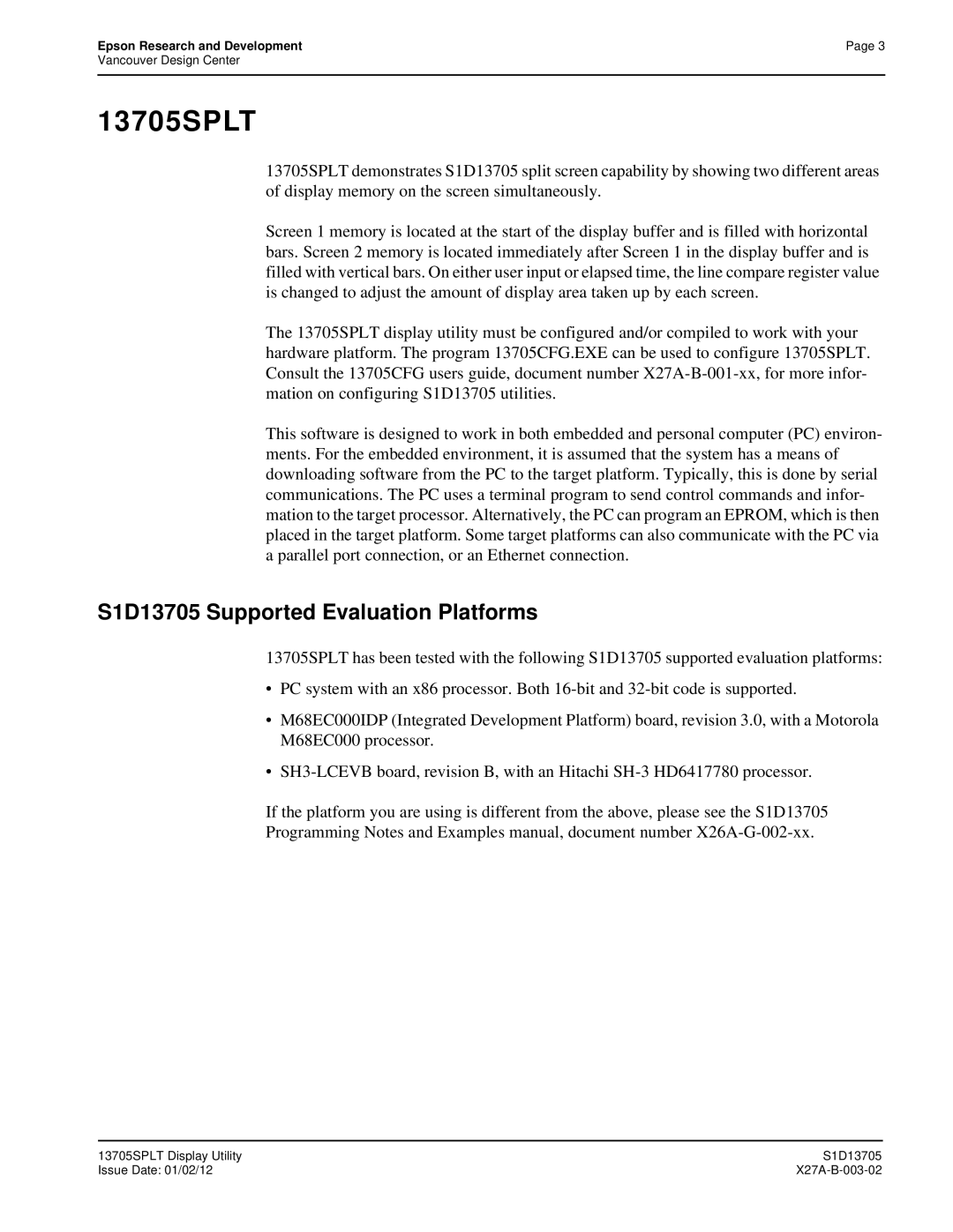 Epson technical manual 13705SPLT, S1D13705 Supported Evaluation Platforms 