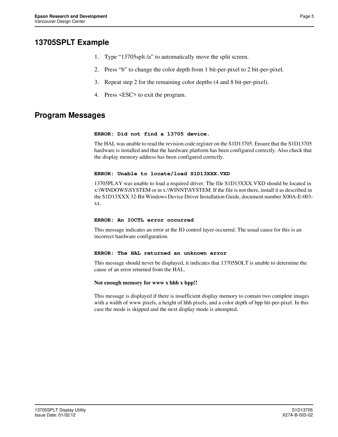 Epson S1D13705 technical manual 13705SPLT Example, Program Messages 