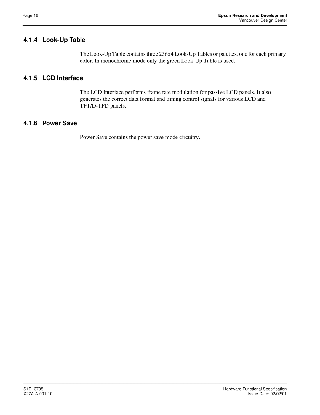 Epson S1D13705 technical manual Look-Up Table, LCD Interface, Power Save contains the power save mode circuitry 