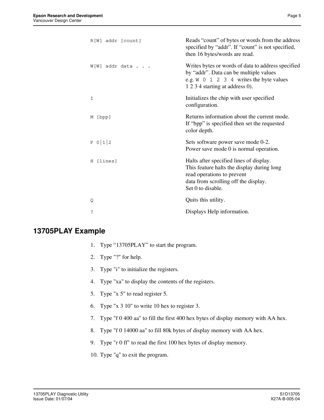 Epson S1D13705 technical manual 13705PLAY Example 