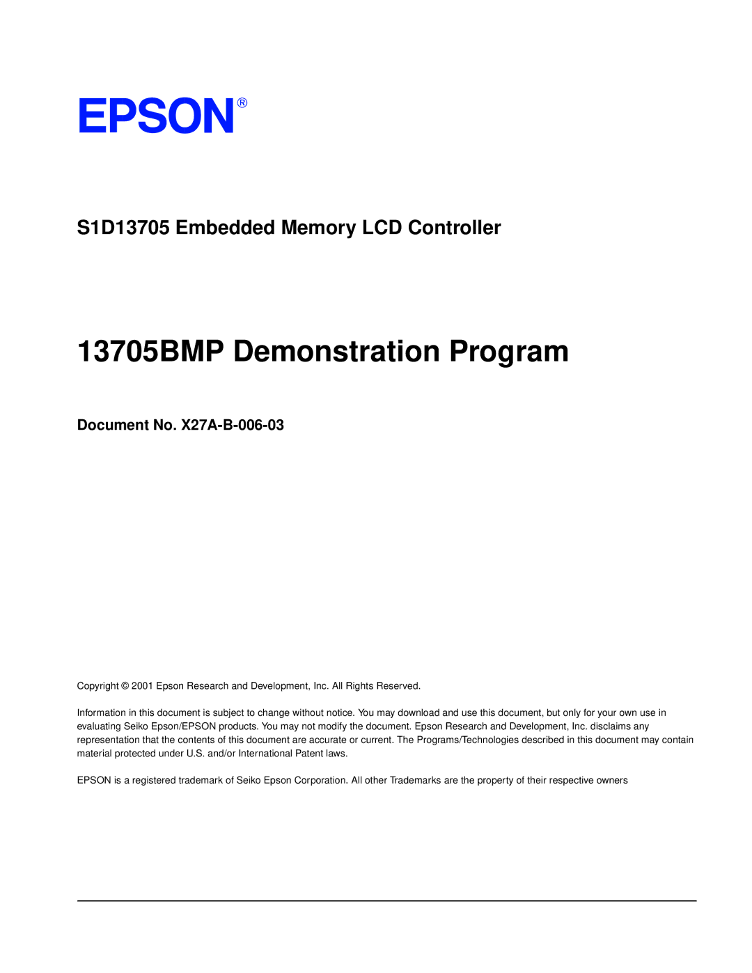 Epson S1D13705 technical manual 13705BMP Demonstration Program, Document No. X27A-B-006-03 