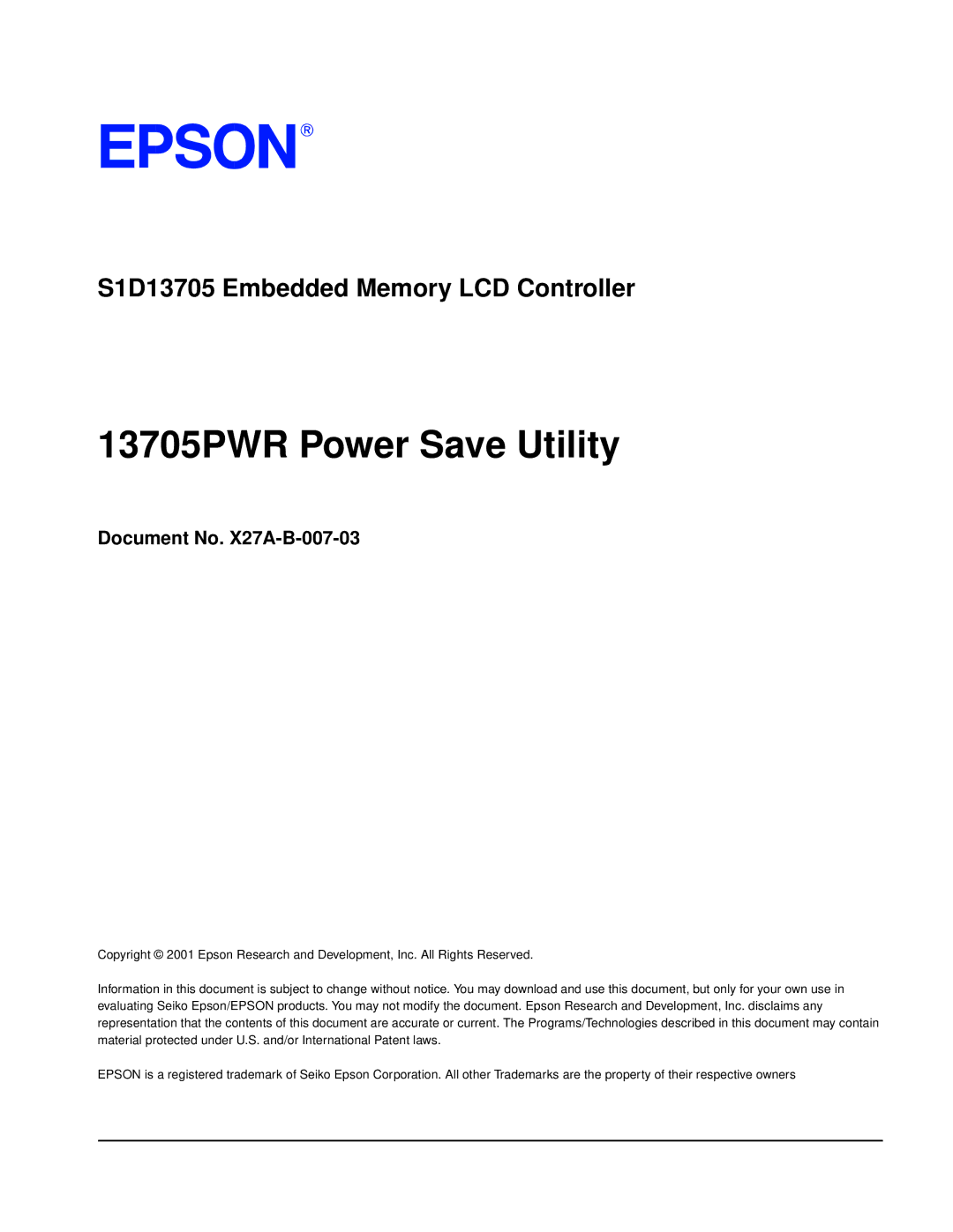 Epson S1D13705 technical manual 13705PWR Power Save Utility, Document No. X27A-B-007-03 