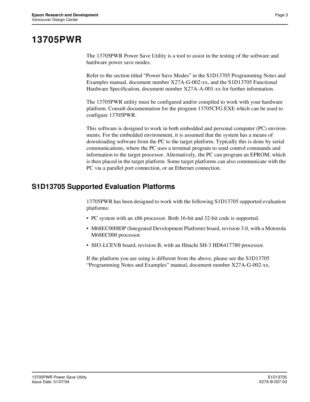 Epson technical manual 13705PWR, S1D13705 Supported Evaluation Platforms 