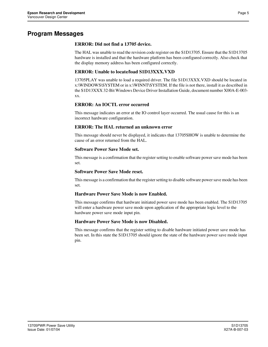 Epson S1D13705 technical manual Error Did not find a 13705 device 