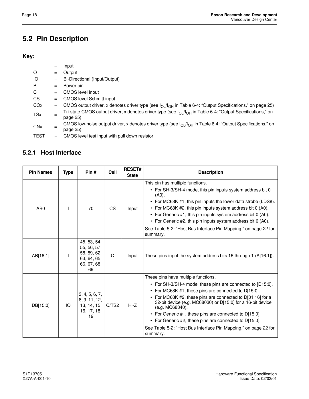 Epson S1D13705 technical manual Pin Description, Key, Pin Names Type Pin # Cell, State 