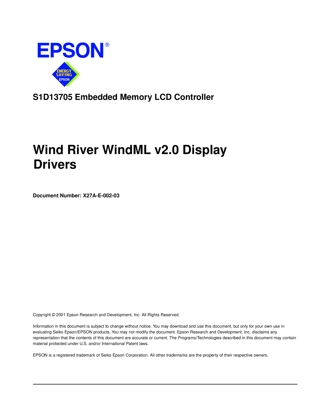 Epson S1D13705 technical manual Wind River WindML v2.0 Display Drivers, Document Number X27A-E-002-03 