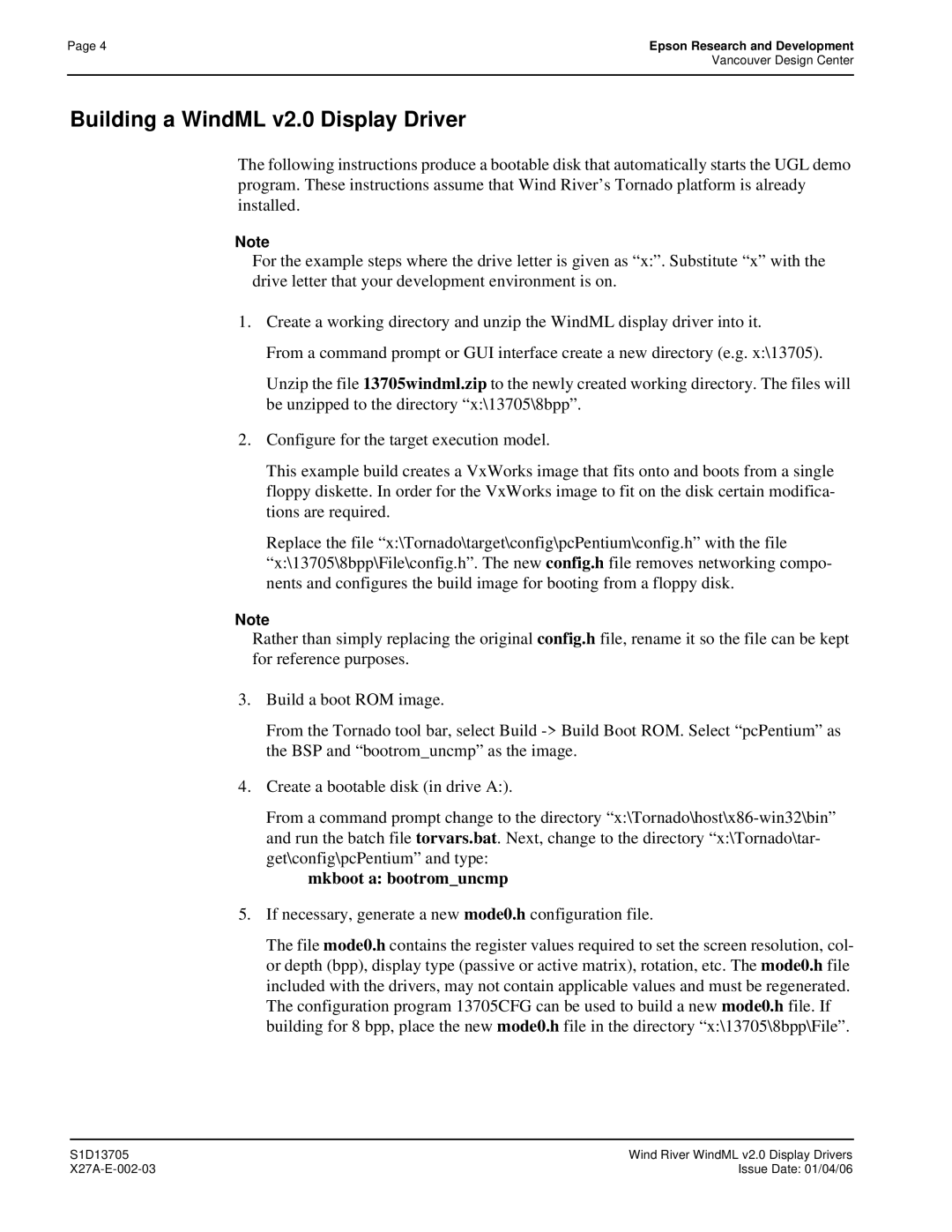 Epson S1D13705 Building a WindML v2.0 Display Driver, If necessary, generate a new mode0.h configuration file 