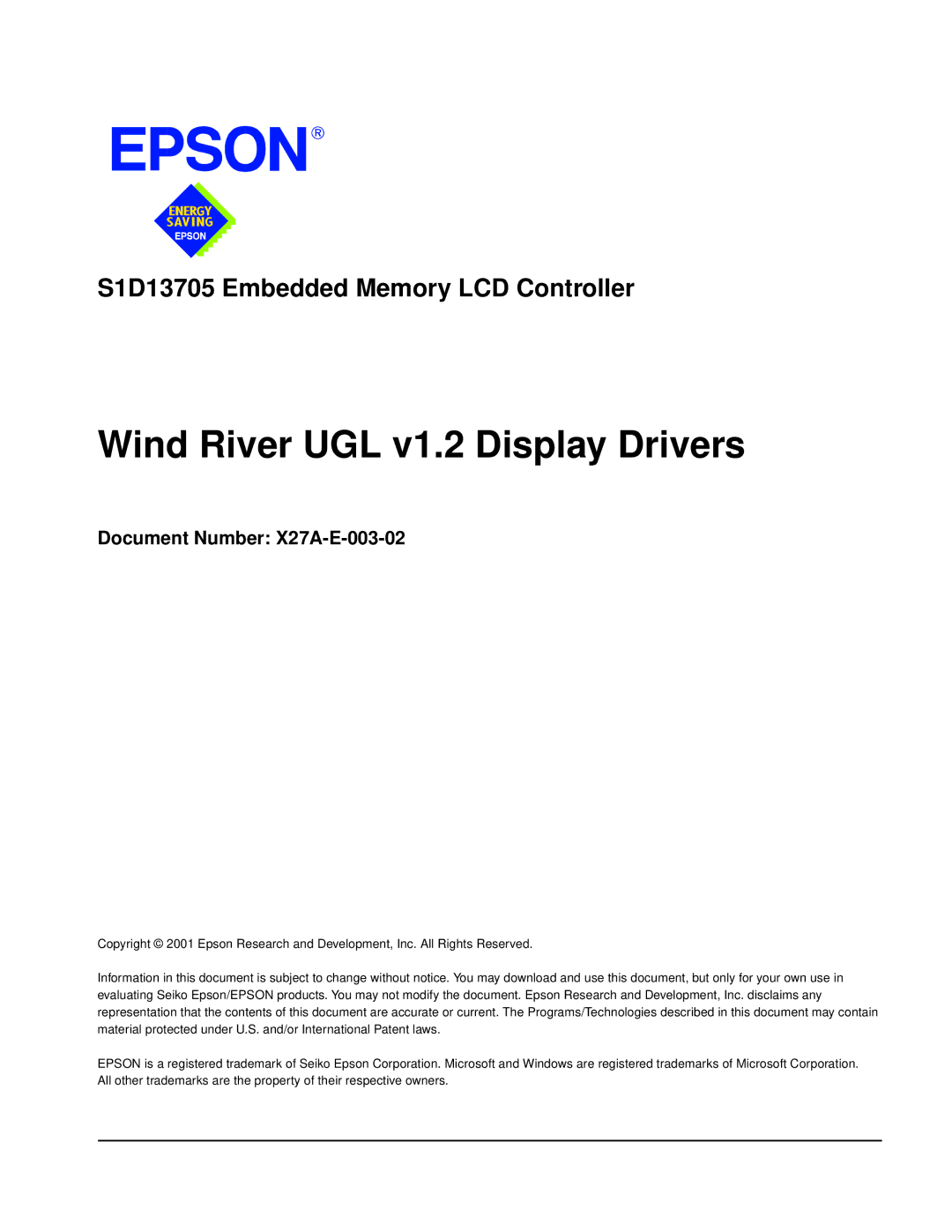 Epson S1D13705 technical manual Wind River UGL v1.2 Display Drivers, Document Number X27A-E-003-02 