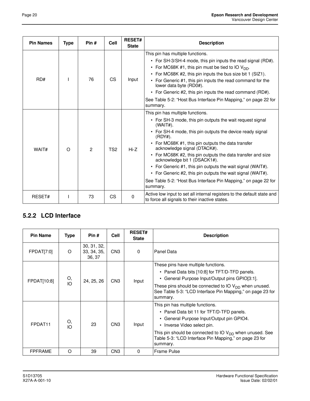 Epson S1D13705 technical manual Pin Name Type Pin # Cell 