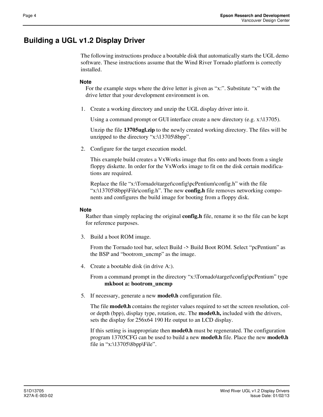 Epson S1D13705 technical manual Building a UGL v1.2 Display Driver 