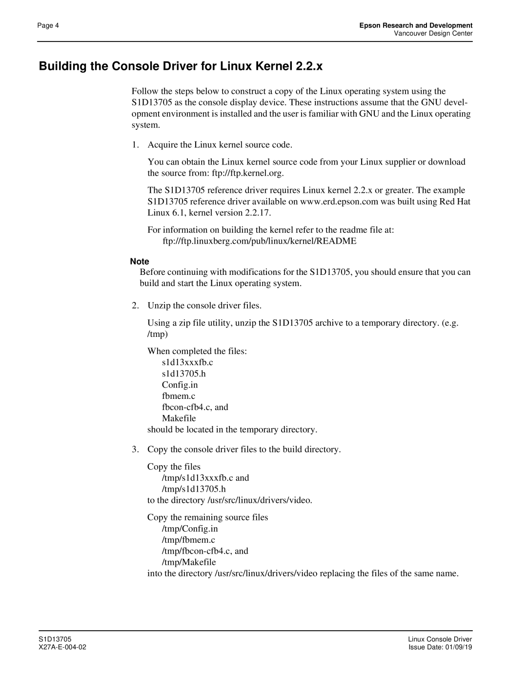 Epson S1D13705 technical manual Building the Console Driver for Linux Kernel 