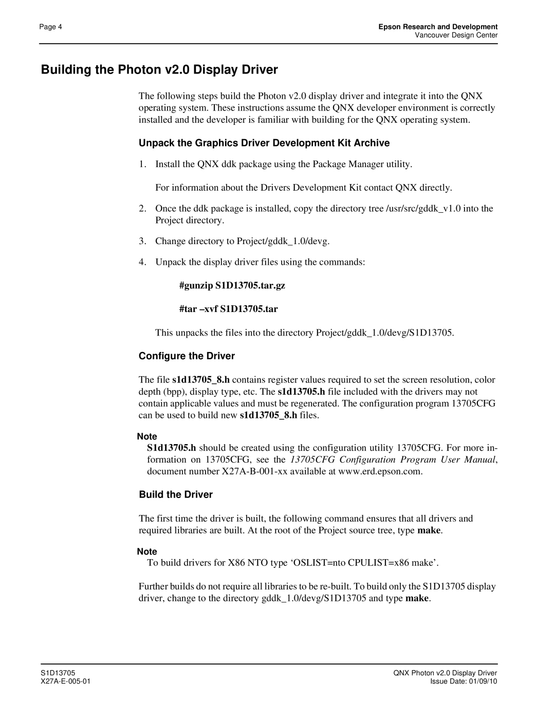 Epson S1D13705 technical manual Building the Photon v2.0 Display Driver, Unpack the Graphics Driver Development Kit Archive 