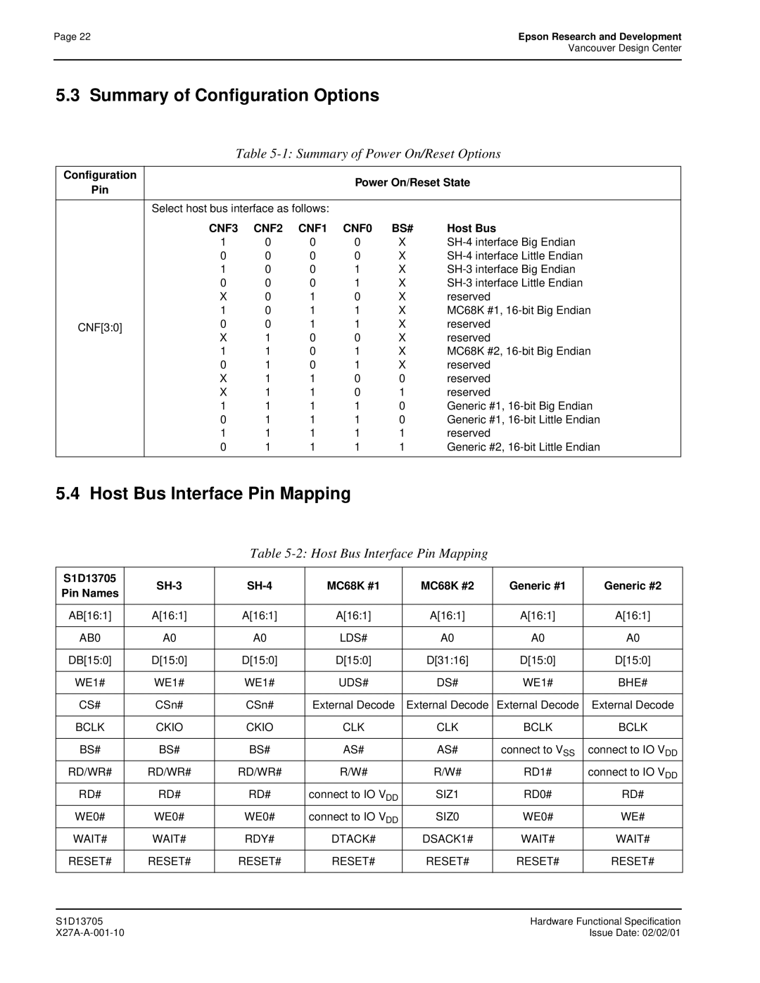 Epson S1D13705 Summary of Configuration Options, Host Bus Interface Pin Mapping, Summary of Power On/Reset Options 