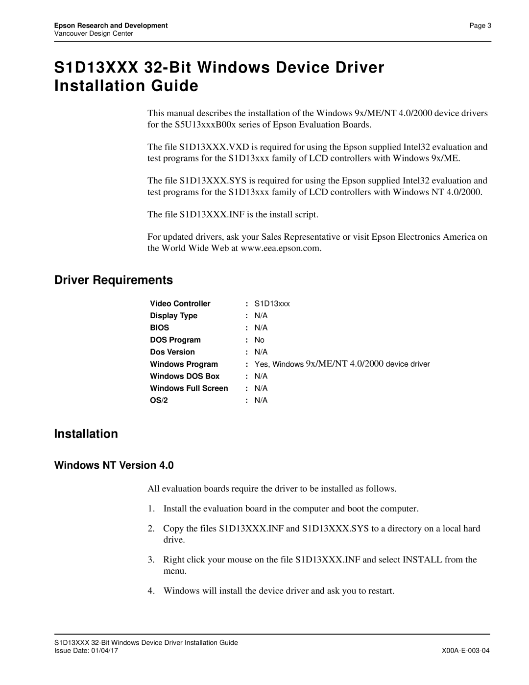 Epson S1D13705 S1D13XXX 32-Bit Windows Device Driver Installation Guide, Driver Requirements, Windows NT Version 