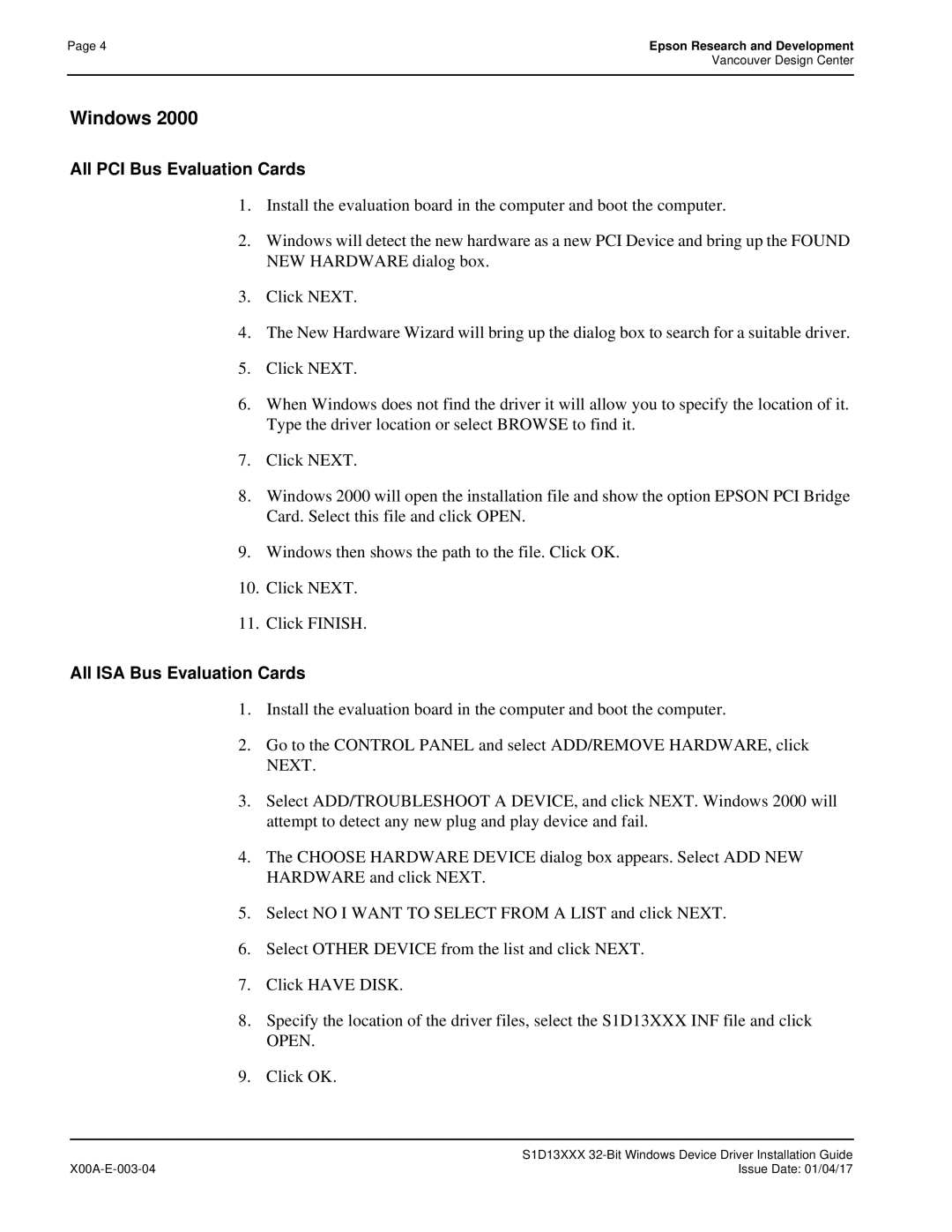 Epson S1D13705 technical manual Windows, All PCI Bus Evaluation Cards, All ISA Bus Evaluation Cards 