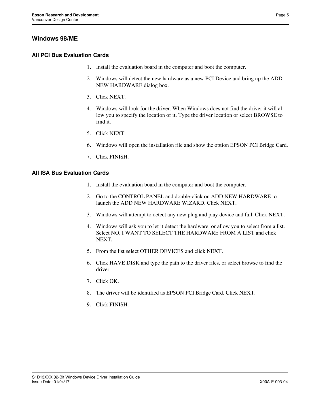 Epson S1D13705 technical manual Windows 98/ME 