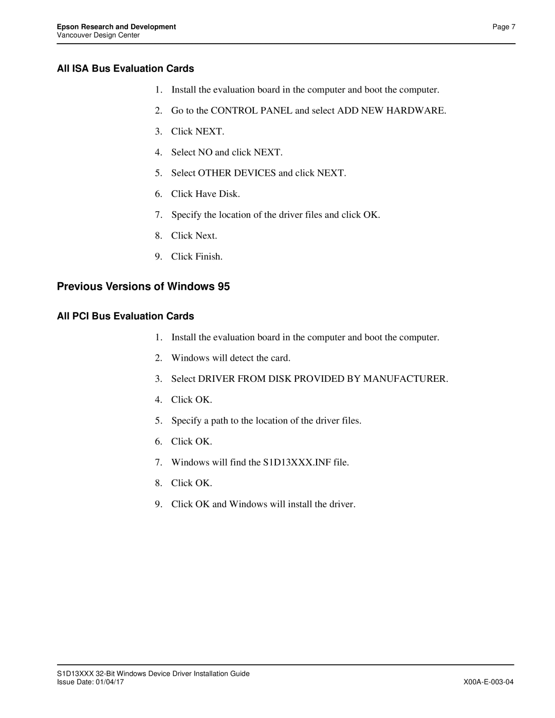 Epson S1D13705 technical manual Previous Versions of Windows 