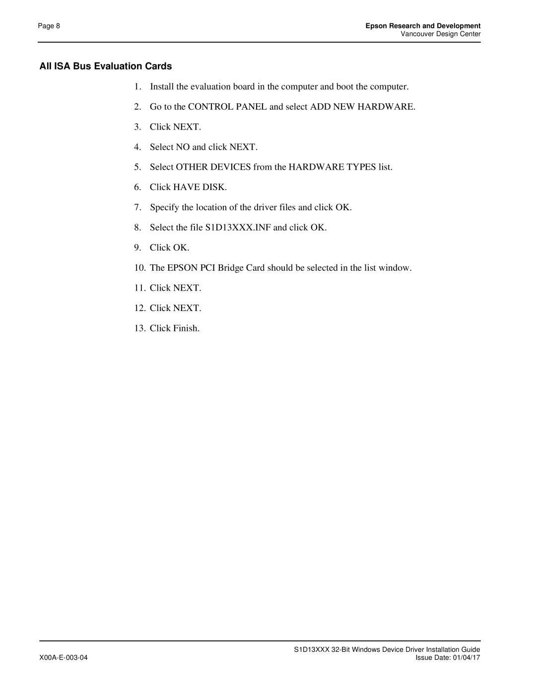 Epson S1D13705 technical manual All ISA Bus Evaluation Cards 