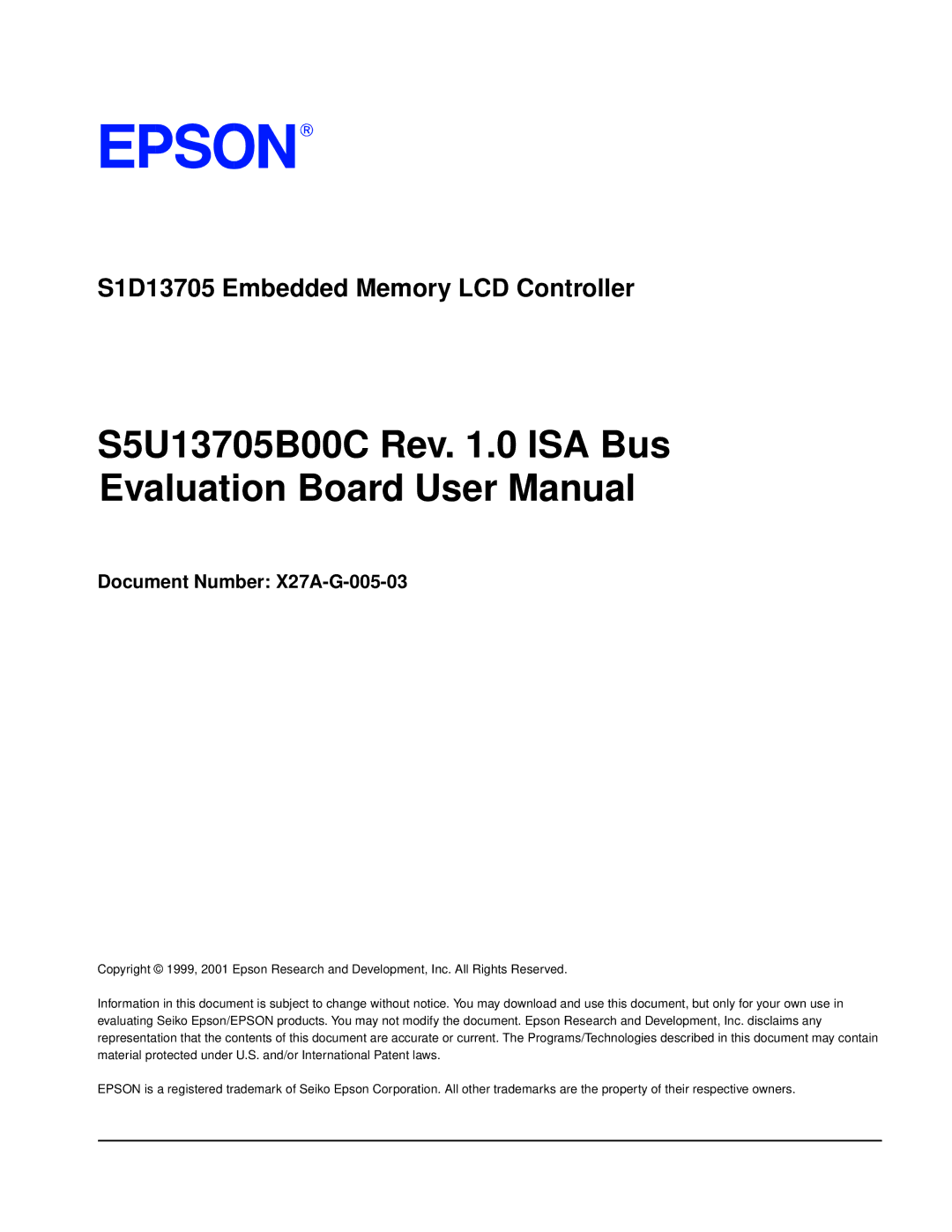 Epson S1D13705 technical manual S5U13705B00C Rev .0 ISA Bus, Document Number X27A-G-005-03 