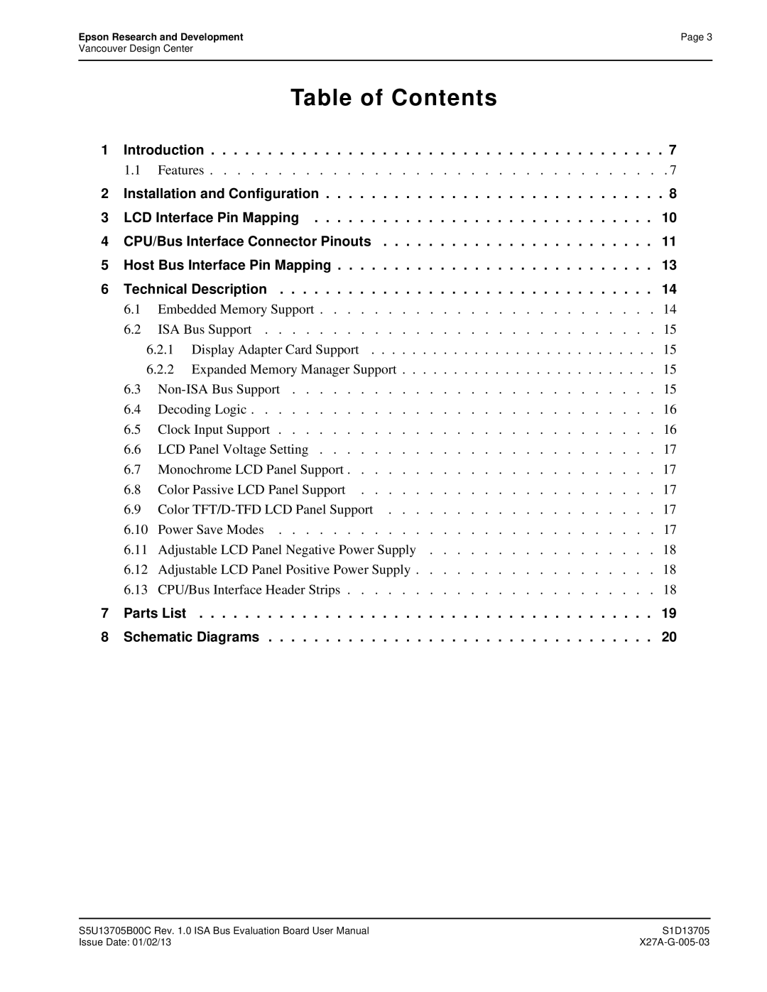 Epson S1D13705 technical manual Installation and Configuration, Parts List Schematic Diagrams 