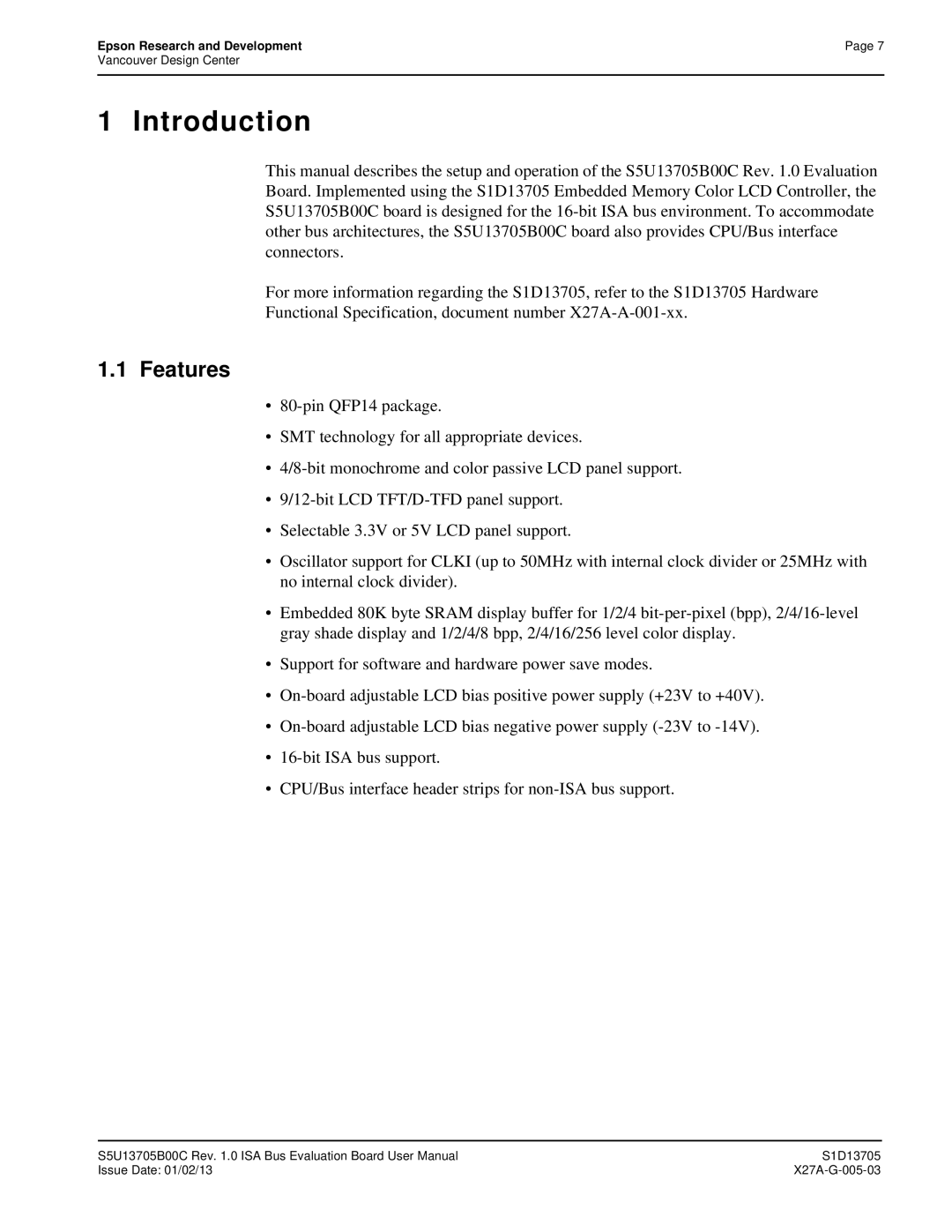 Epson S1D13705 technical manual Introduction, Features 