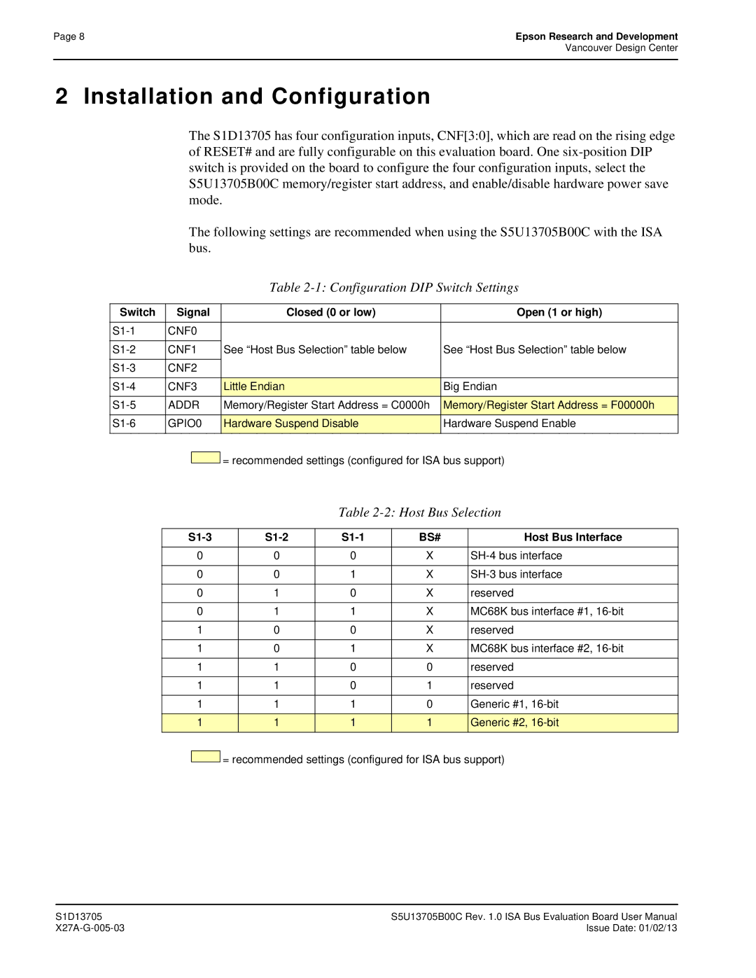 Epson S1D13705 technical manual Installation and Configuration, Configuration DIP Switch Settings, Host Bus Selection 