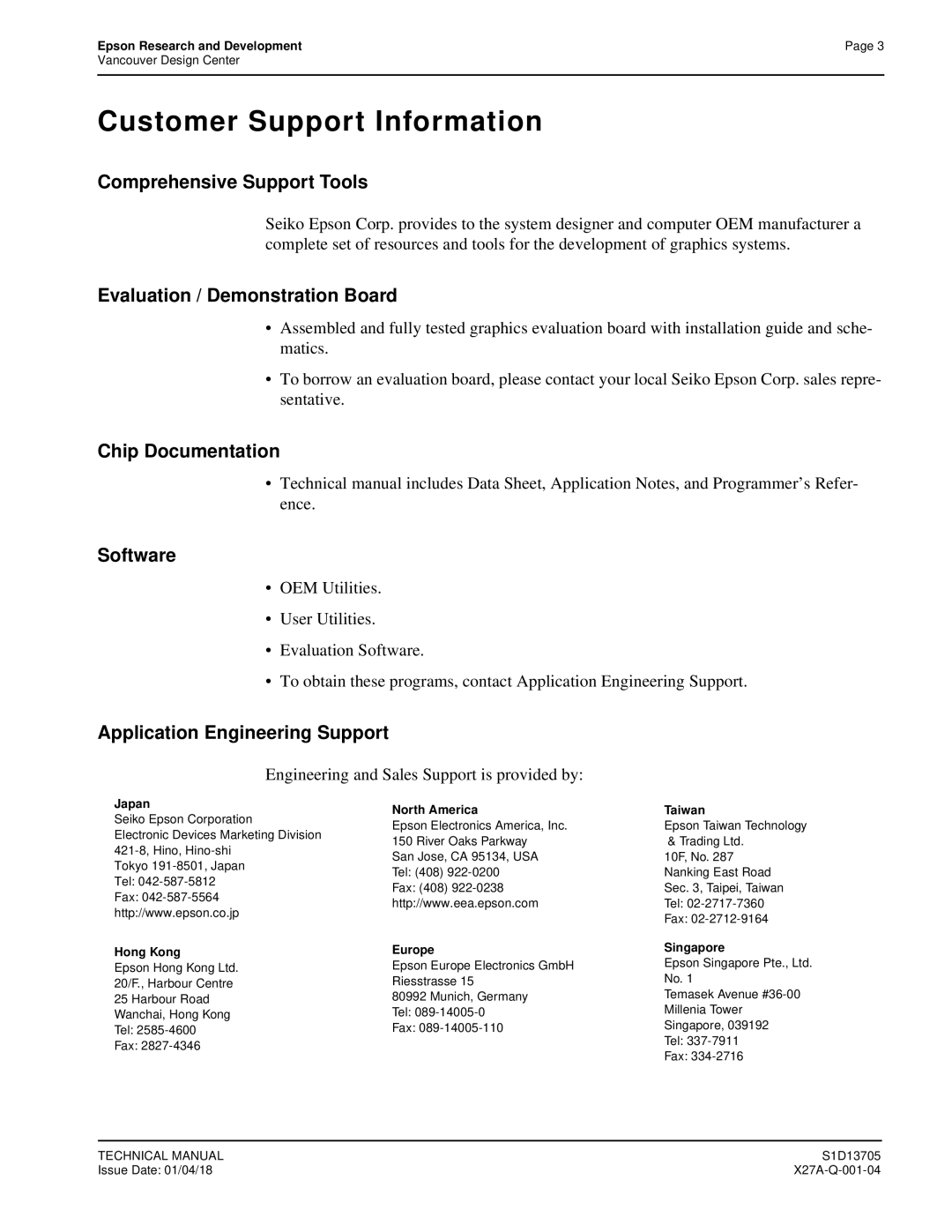 Epson S1D13705 technical manual Customer Support Information 