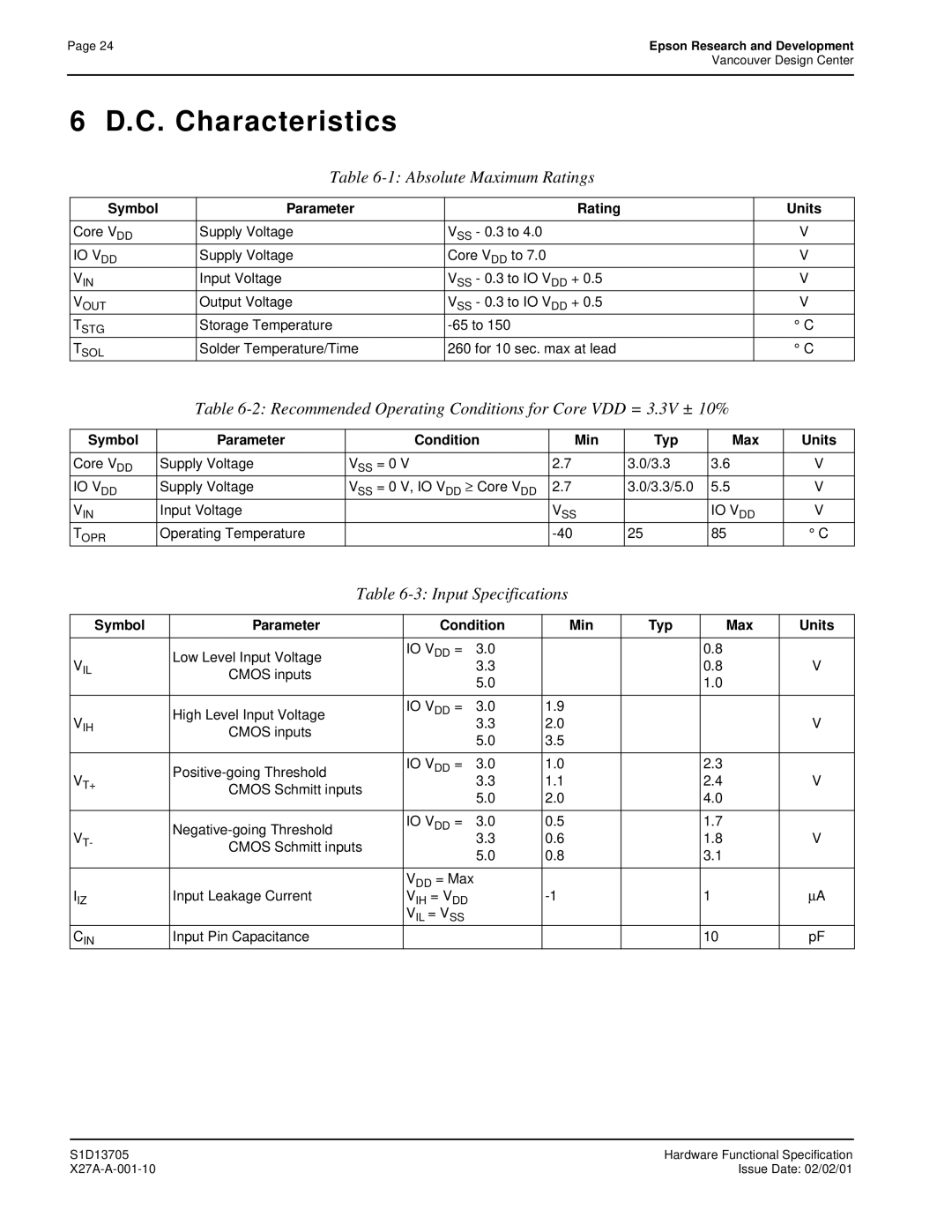 Epson S1D13705 C. Characteristics, Absolute Maximum Ratings, Recommended Operating Conditions for Core VDD = 3.3V ± 10% 