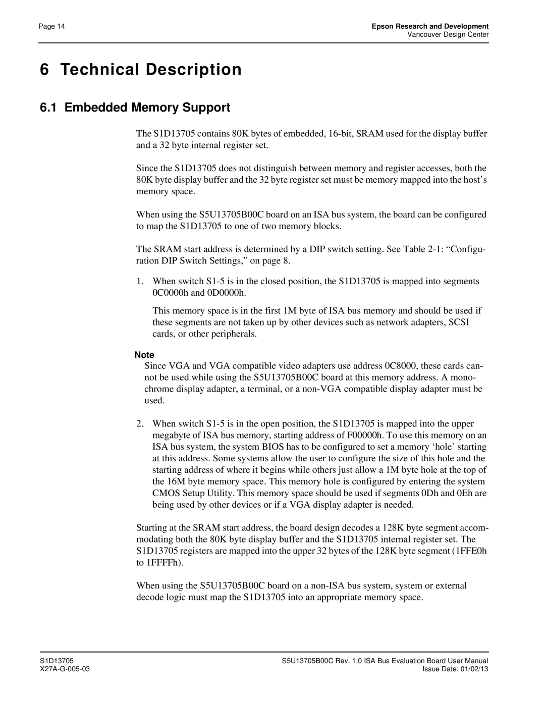 Epson S1D13705 technical manual Technical Description, Embedded Memory Support 