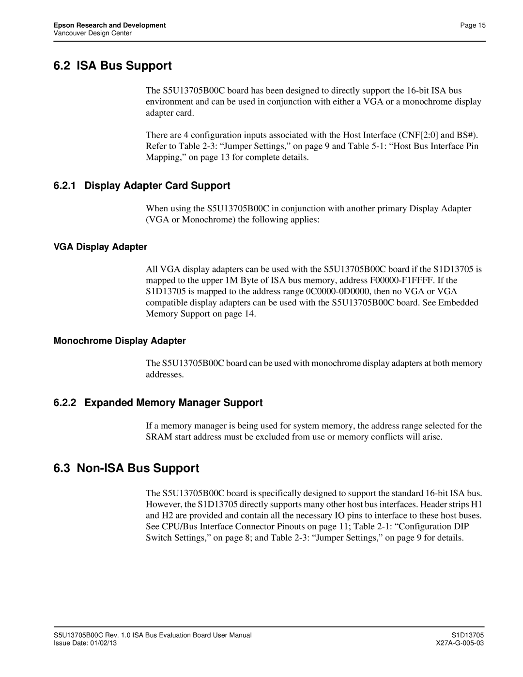 Epson S1D13705 technical manual Non-ISA Bus Support, Display Adapter Card Support, Expanded Memory Manager Support 