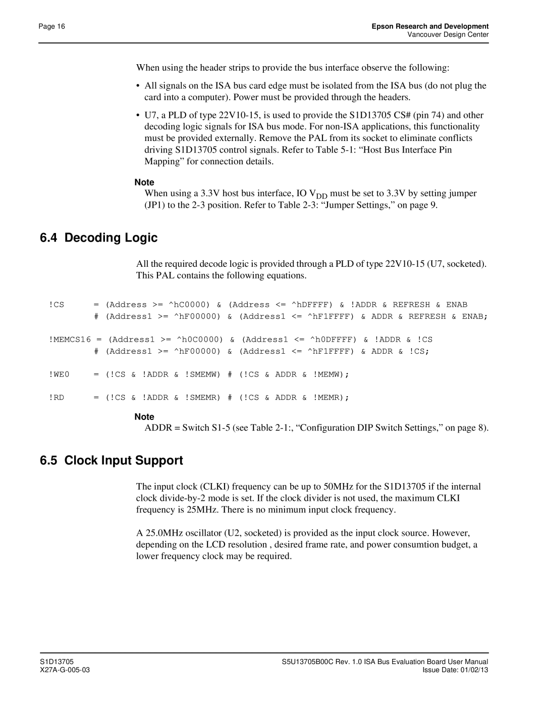 Epson S1D13705 technical manual Decoding Logic, Clock Input Support 