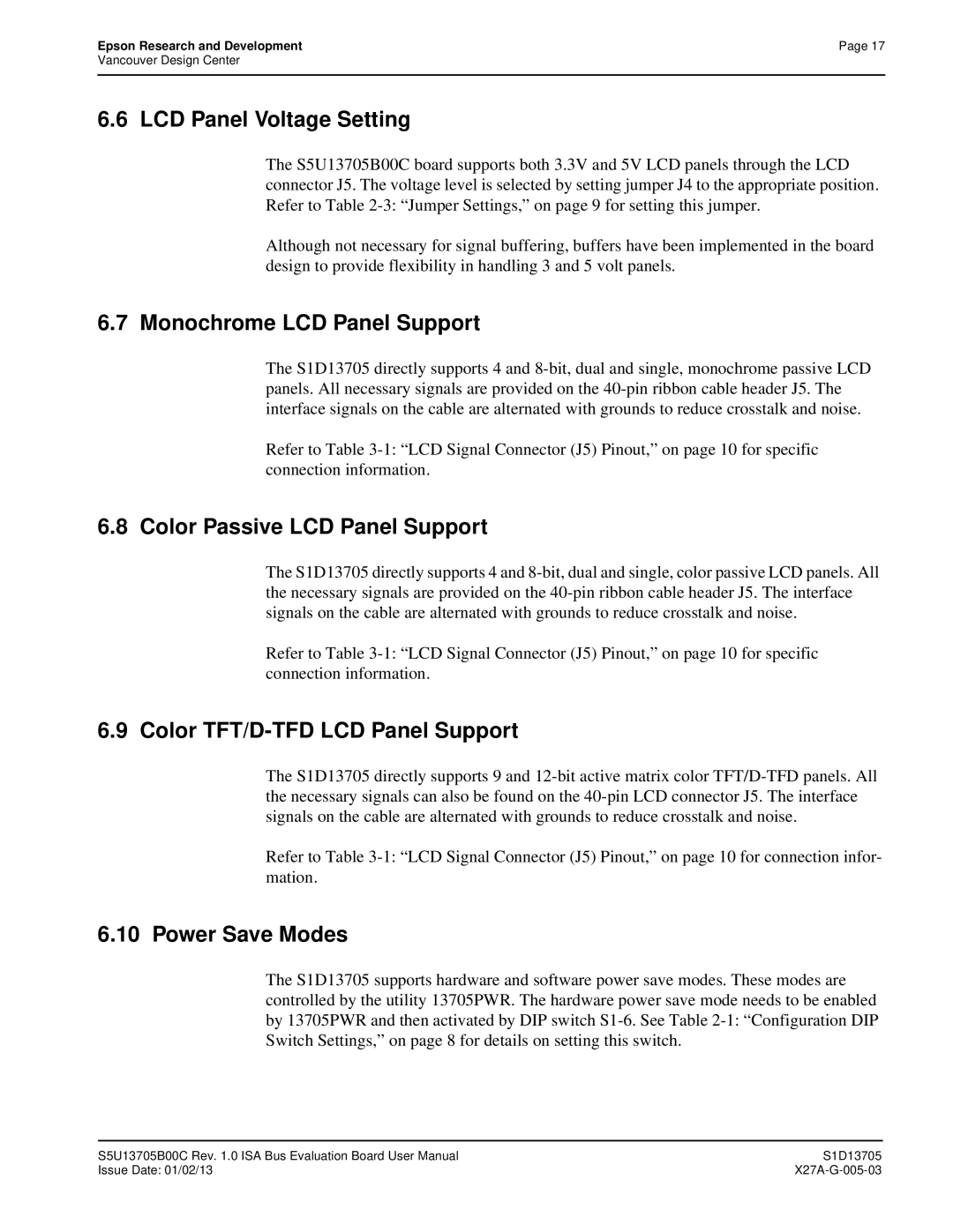 Epson S1D13705 LCD Panel Voltage Setting, Monochrome LCD Panel Support, Color Passive LCD Panel Support, Power Save Modes 