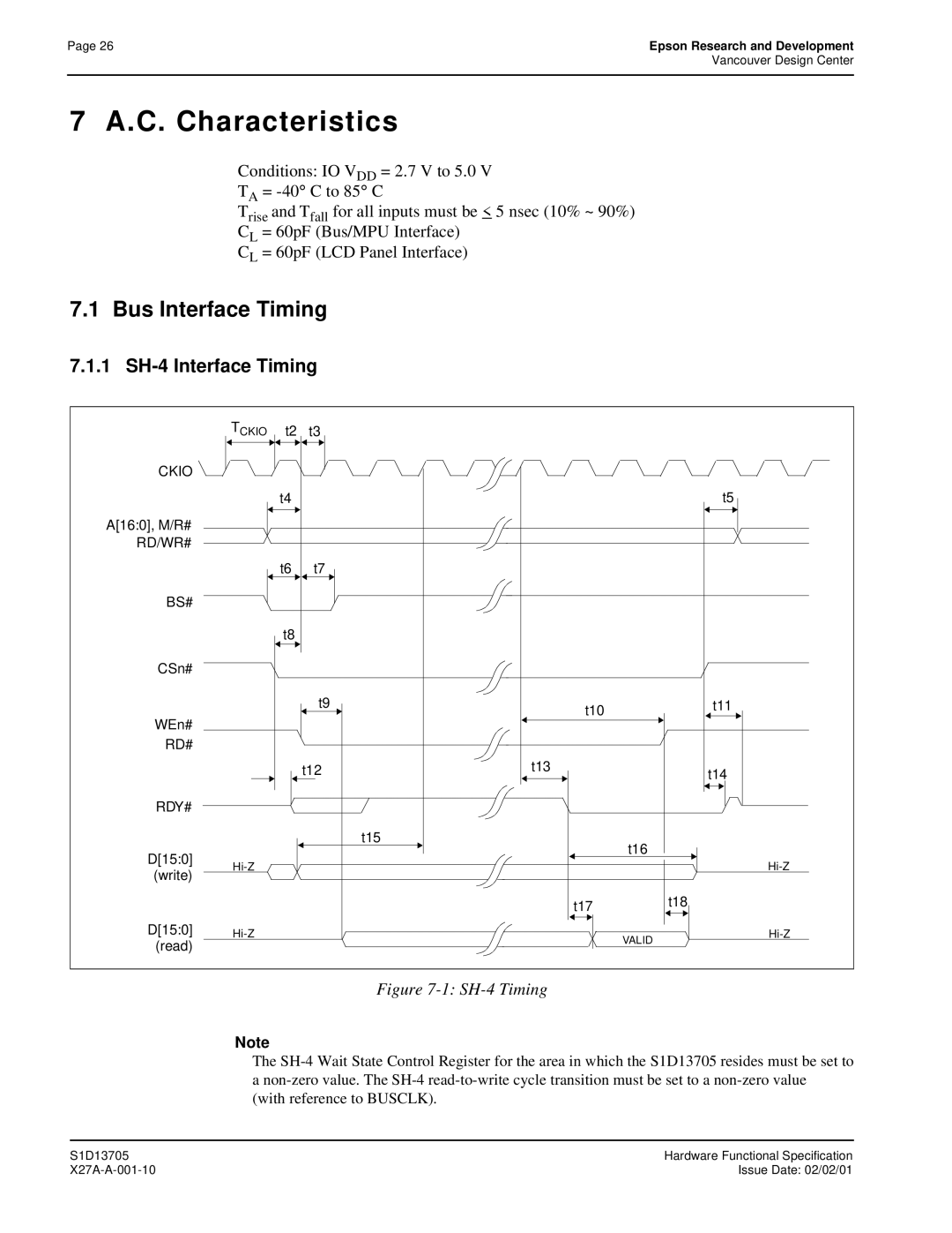 Epson S1D13705 technical manual Bus Interface Timing, 1 SH-4 Interface Timing 