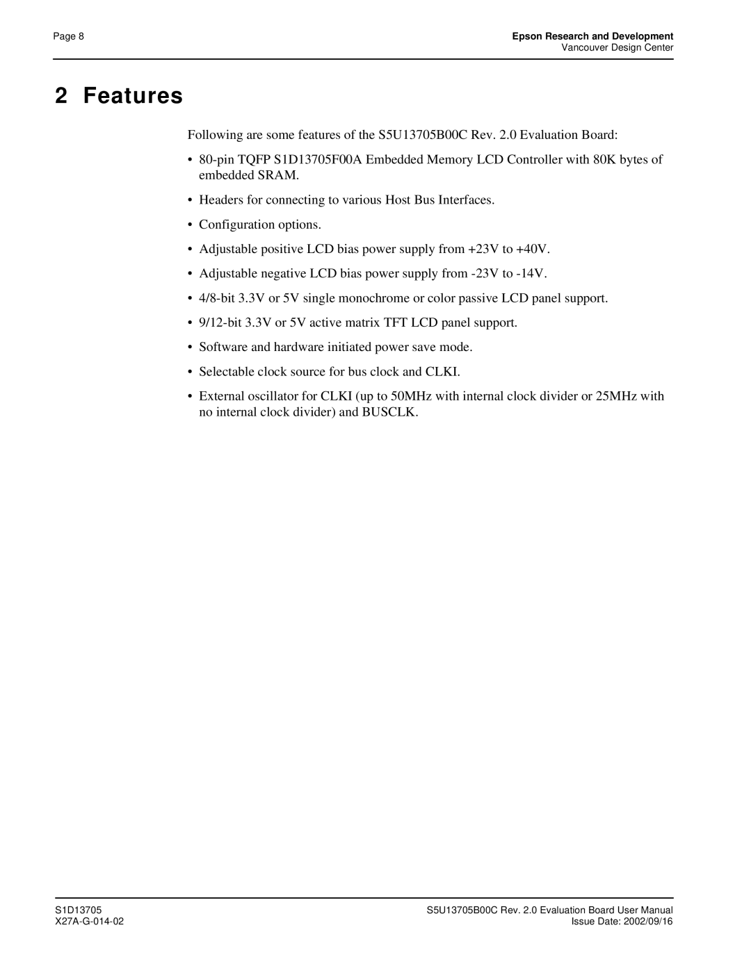 Epson S1D13705 technical manual Features 