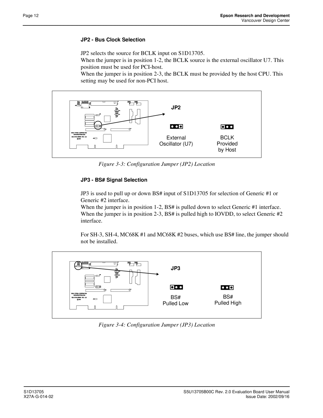 Epson S1D13705 technical manual Configuration Jumper JP2 Location 