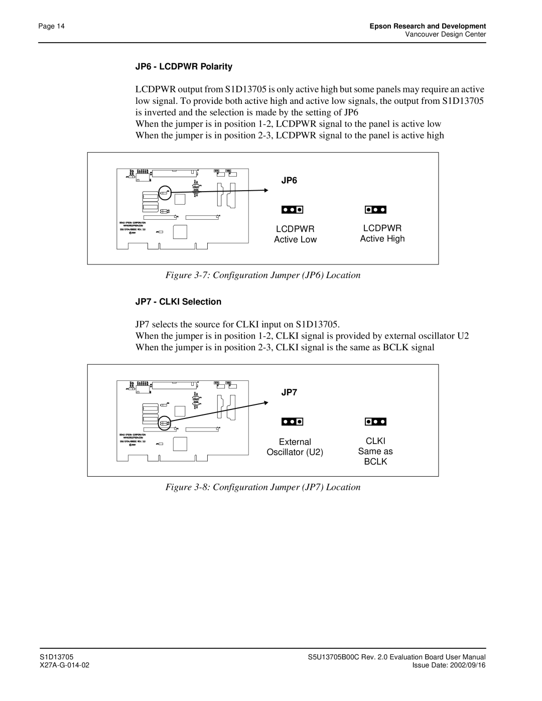 Epson S1D13705 technical manual Configuration Jumper JP6 Location 